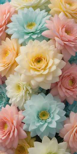 This image features a close-up of a vibrant floral arrangement, showcasing an array of flowers in various colors and sizes. The composition is dominated by a mix of pink, yellow, and light blue flowers, with each bloom exhibiting a gradient of hues. The petals are layered, creating a full and lush appearance. The flowers are densely packed, with some overlapping, giving the impression of a bountiful bouquet. The background is not visible, as the focus is entirely on the flowers. The image is rectangular, with the longer sides on the left and right, emphasizing the vertical arrangement of the blooms. The overall effect is a colorful and lively display of nature's beauty.