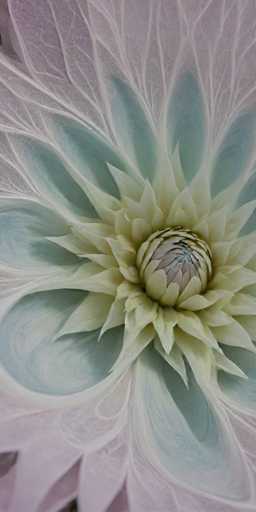 The image shows a close-up view of a single flower with a vibrant mix of green and white petals arranged in a circular pattern around the center. The background is a light beige color that contrasts with the bright colors of the flower.