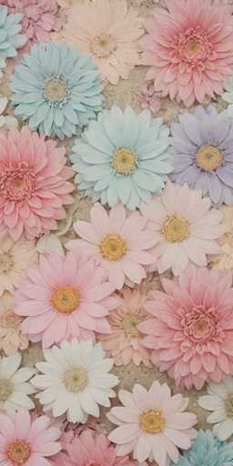 This image showcases a detailed and vibrant floral arrangement, likely a painting or a close-up photograph. The composition features an array of flowers in various colors, including shades of pink, white, blue, and purple. The flowers are depicted with intricate detail, highlighting their different shapes and sizes. Some of the flowers have multiple layers of petals, while others have fewer petals. The arrangement is set against a background that appears to be a textured surface, possibly resembling sand or a decorative material. The overall effect is a rich and colorful display of floral beauty, with the flowers appearing to be in full bloom and arranged in a natural, yet stylized manner.
