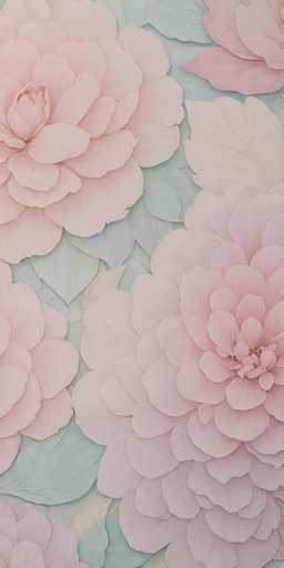 This image features a detailed, close-up view of a floral arrangement, possibly a painting or a photograph. The composition is dominated by a variety of pink flowers, ranging from light to dark shades, with some petals appearing almost white. The flowers are densely packed, creating a lush, overlapping effect. Some of the flowers are fully bloomed, while others are still in the budding stage, adding depth to the arrangement. The background consists of light green leaves, which provide a subtle contrast to the pink hues. The leaves are visible between the flowers, adding texture and dimension to the overall image. The arrangement is so close-up that it's difficult to determine the scale, making it unclear whether the flowers are part of a bouquet, a bush, or another type of floral display.