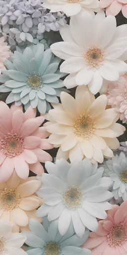 The image shows a close-up view of a vibrant array of flowers in various shades and colors, including pastel pinks, blues, yellows, greens, and whites. The flowers are arranged in a way that fills the entire frame, creating a sense of depth and dimensionality. There is no discernible text or action present in the image, and the focus is solely on the colorful floral display.