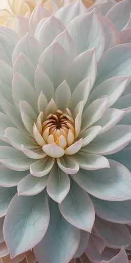 This image showcases a stunning close-up of a flower, likely a dahlia, with intricate details and vibrant colors. The flower's petals are predominantly white, with a subtle greenish tint and delicate pink tips. The petals are arranged in multiple layers, creating a full and lush appearance. At the center of the flower, the petals transition to a soft yellow hue, with a hint of brown, adding depth and contrast to the overall composition. The background is a light yellow, which complements the flower's colors beautifully. The image is in portrait orientation, emphasizing the vertical arrangement of the petals. The overall effect is a striking and detailed portrayal of the flower, highlighting its natural beauty and complexity.