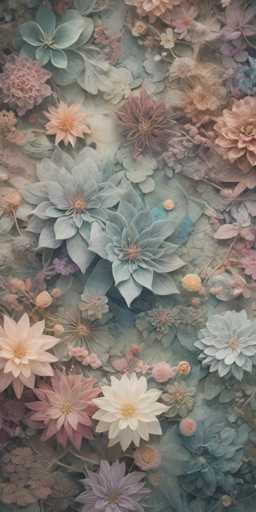 This image features a detailed, close-up view of a diverse array of flowers, possibly a painting or a photograph. The flowers are arranged in a seemingly random pattern, creating a vibrant and colorful composition. The palette includes shades of pink, peach, light blue, white, and purple, with some flowers displaying a mix of colors. The petals vary in shape, with some being round and others more pointed, and the centers of the flowers are often yellow. The background is a light green hue, which complements the flowers and adds depth to the image. The overall effect is a harmonious blend of colors and shapes, with no text present in the image.