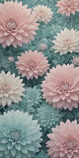 A vibrant, detailed digital painting of a cluster of dahlia flowers in soft pastel shades. The flowers are arranged in a slightly scattered, organic pattern on a textured teal background with subtle leaf details. The lighting is soft and diffused, highlighting the delicate texture of the petals.