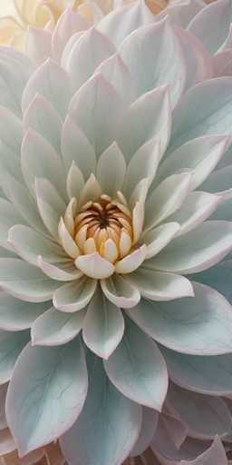 The image shows a close-up view of a large white flower with a yellow center. The flower is the main focus and occupies most of the frame. The background is a light beige color that contrasts with the vibrant colors of the flower. There are no texts or other objects in the image, and the relative positions of the elements suggest a sense of depth and perspective.