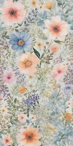 This image is a detailed watercolor painting of a vibrant floral arrangement set against a white background. The composition features a variety of flowers, predominantly pink, with some blue, purple, and orange blooms interspersed throughout. The flowers are depicted in different stages of bloom, with some fully open and others just beginning to open. The petals are rendered in a soft, pastel-like manner, giving the painting a delicate and ethereal quality. The green stems and leaves add a natural contrast to the colorful flowers, with some leaves appearing darker and others lighter. The overall effect is a harmonious and serene floral scene, with the flowers appearing to float gracefully on the white canvas.