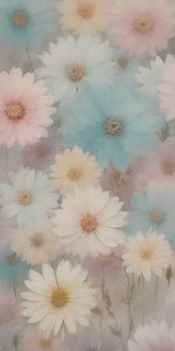 This image is a detailed, close-up painting of numerous flowers, primarily daisies, with a soft, pastel color palette. The flowers are depicted in shades of white, light blue, light pink, and light purple, with some featuring yellow centers. The petals are long and thin, and the flowers are arranged in a seemingly random pattern, overlapping each other. The background is a light gray, almost white, which enhances the delicate and ethereal quality of the painting. The stems and leaves are visible, adding to the natural feel of the artwork. The overall effect is a serene and dreamy floral composition.