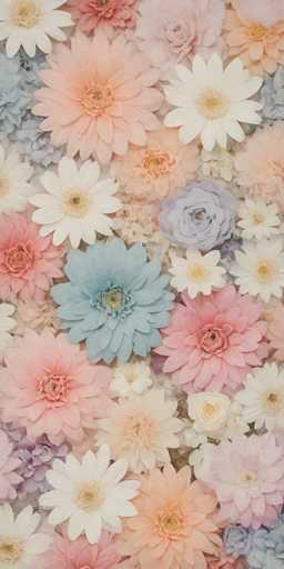 The image showcases a vibrant, densely packed floral wallpaper. Soft pastel hues of peach, blue, pink, and white dominate, arranged in a seemingly random yet harmonious pattern. Large, ruffled flowers of various types – including dahlia and chrysanthemum-like blooms – create a textured surface. The overall style is dreamlike, with the soft lighting and pastel tones evoking a gentle, romantic aesthetic. The composition feels immersive, drawing the viewer into this floral abundance.