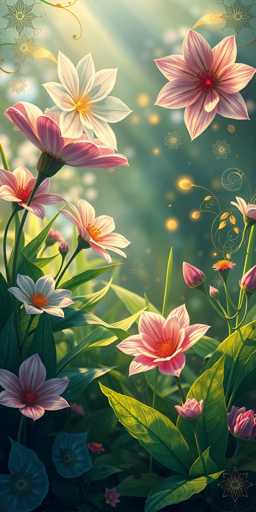 This image is a detailed, computer-generated illustration of a vibrant garden scene. The background is a soft, light green with a gradient that transitions from darker shades at the bottom to lighter hues at the top, creating a sense of depth. The foreground is filled with an array of flowers and foliage, predominantly featuring pink and white petals with yellow centers. Some of the flowers are fully bloomed, while others remain as buds. The leaves are a mix of green and yellow, adding to the lushness of the scene. Scattered throughout the image are small, glowing yellow orbs that resemble fireflies, enhancing the magical atmosphere. The overall composition is vertical, with the flowers and leaves arranged in a natural, yet artistically organized manner. The image is devoid of any text, allowing the viewer to fully appreciate the intricate details and vibrant colors of the garden.