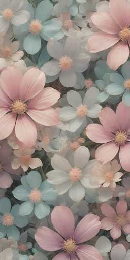 This image features a detailed, close-up view of a cluster of flowers, predominantly in shades of pink, light blue, and white. The flowers are arranged in a seemingly random pattern, with some fully visible and others partially cut off by the edges of the image. Each flower has a central, fuzzy yellow core surrounded by petals that vary in color from light pink to white and light blue. The petals are oval-shaped and slightly curved, giving the flowers a soft, delicate appearance. The background is a mix of green stems and leaves, adding depth to the composition. The overall effect is a harmonious blend of colors and textures, creating a visually pleasing and serene floral arrangement.