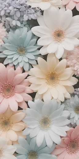 This image features a close-up of a vibrant floral arrangement, likely a bouquet or a cluster of flowers. The composition is dominated by a variety of colors, primarily white, light blue, and pink, with some subtle hints of yellow. The flowers appear to be of the same species, possibly a type of daisy, characterized by their circular shape and numerous petals. The petals are arranged in a layered pattern, with the outer petals being larger and gradually decreasing in size towards the center. The centers of the flowers are a mix of yellow and green, adding a touch of contrast. The background is dark, which makes the bright colors of the flowers stand out even more. The image is tightly focused on the flowers, with no other elements visible, giving it a dreamy and ethereal quality.