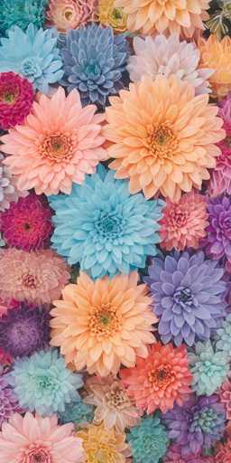 This image showcases a vibrant and detailed close-up of numerous flowers, predominantly chrysanthemums, arranged in a vertical rectangular frame. The flowers are densely packed, creating a lush and colorful display. The color palette includes shades of pink, peach, light blue, dark blue, purple, and yellow. The petals vary in size, with larger outer petals giving way to smaller inner ones, adding depth to the blooms. The flowers are oriented in various directions, enhancing the dynamic composition. The background is a solid black, which makes the vivid colors of the flowers stand out even more prominently. The image is text-free, focusing solely on the natural beauty of the floral arrangement.