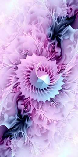 This image showcases a stunning abstract painting with a central focus on a large, intricate flower. The flower's core is a light blue, almost diamond-like shape, surrounded by layers of petals that transition from light pink to darker pink and purple hues. The petals are meticulously detailed, with some appearing almost feather-like, adding to the painting's ethereal quality. The background is a harmonious blend of light and dark purples, with wispy, cloud-like formations that enhance the dreamy atmosphere. The painting is vertically oriented, emphasizing the vertical growth of the flower. The overall effect is a mesmerizing, almost otherworldly floral composition that captivates the viewer's attention.