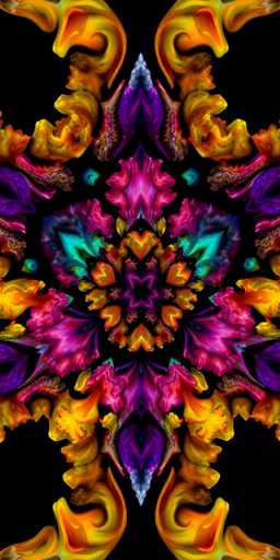 The image shows an abstract design composed of a large flower with multiple petals and leaves in various shades of pink, purple, orange, and yellow. The background is black, providing a stark contrast to the vibrant colors of the floral pattern.