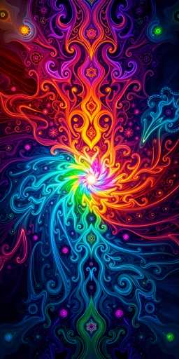 The image is a vibrant, psychedelic fractal artwork. The central focus is a swirling vortex of glowing, interconnected lines in rainbow hues – red, orange, yellow, green, blue, and purple. These lines create a sense of dynamic movement, radiating outwards from a central point. The background is a deep, dark space, emphasizing the luminous energy of the fractal design. The overall style is highly abstract and ornamental, with intricate, flowing patterns that evoke a sense of cosmic energy and depth.