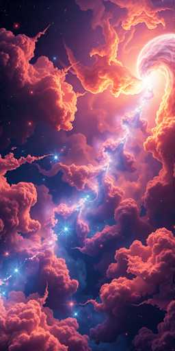 The image shows a vibrant and colorful sky filled with clouds and stars. The sky is predominantly pink and blue, with streaks of orange and yellow adding depth and dimension. A large white planet is located in the center of the frame, surrounded by smaller planets and stars scattered throughout the sky. The perspective of the photo is taken from below, looking up at the celestial bodies.