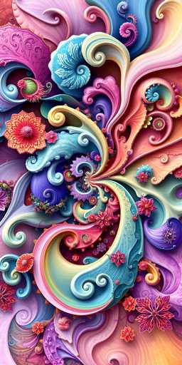 The image showcases a vibrant, intricately detailed digital artwork with a fantastical, organic style. Swirling, colorful forms resembling coral or fantastical flowers dominate the composition, creating a sense of dynamic movement. The central focus is on a large, spiraling structure with intricate textures and gradients of pinks, blues, oranges, and purples. Smaller, equally elaborate floral elements are scattered throughout, adding depth and complexity. The overall aesthetic is dreamlike and highly decorative, emphasizing flowing lines and a rich color palette.
