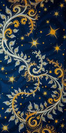 This image features a detailed, computer-generated design set against a dark blue background. Dominating the composition is a central vine-like structure that spirals and twists, adorned with intricate white leaves and golden accents. The vine, which resembles a stylized plant or tendril, extends from the top left corner, swirling down to the bottom right, and then back up to the top right. Surrounding this central motif are numerous golden stars, varying in size and brightness, with the largest star positioned near the top right. The overall aesthetic is reminiscent of a celestial scene, possibly evoking imagery of a galaxy or space. The design is rich in detail, with the golden and white elements contrasting beautifully against the dark blue backdrop, creating a visually striking and intricate pattern.