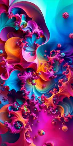 A vibrant, abstract digital artwork with a swirling, organic design. The image is dominated by fluid, flowing shapes in a spectrum of bright colors – fiery oranges, deep purples, electric blues, and vibrant pinks. These shapes are reminiscent of swirling smoke or liquid, with intricate, fractal-like details and soft gradients. Scattered throughout the design are small, glowing spheres or particles in shades of blue and pink, adding a sense of depth and dynamism. The overall style is highly stylized and abstract, with no clear representational elements, focusing purely on color and form. The background is a blend of these colors, creating a sense of depth and movement within the artwork.