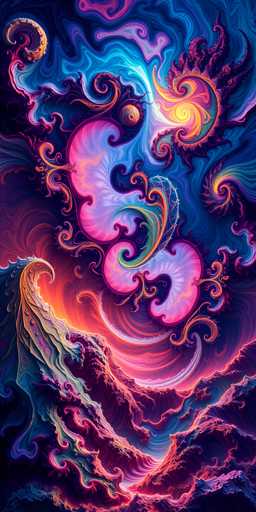 This vibrant and psychedelic artwork, reminiscent of 1960s and 70s trippy designs, features a mesmerizing array of swirling patterns and vivid colors. Dominated by hues of pink, blue, orange, yellow, and purple, the image is a kaleidoscope of motion and energy. The bottom portion of the artwork showcases a series of mountain-like shapes, primarily in pink and blue, with intricate swirls that create a sense of depth and movement. These swirls extend upwards, blending into the sky, which is filled with more swirling patterns and abstract shapes. The top of the image is particularly dynamic, with a large swirl in the top right corner that transitions from yellow to orange, pink, and blue. The entire composition is a continuous flow of colors and shapes, creating a dreamlike, almost cosmic atmosphere that captivates the viewer's imagination.