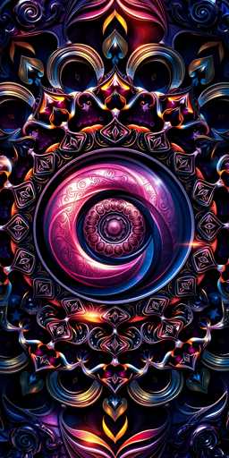 The image is a highly detailed, computer-generated graphic with a dark, almost black background. At the center, there is a mesmerizing spiral that resembles a snail shell, featuring a blend of pink, purple, and blue hues. This central spiral is surrounded by intricate, ornate patterns that evoke a sense of ancient or medieval artistry. The patterns include various shapes such as diamonds, circles, and teardrops, all rendered in a metallic, shiny finish that adds to the image's complexity. The overall composition is highly symmetrical and ornate, with a mix of colors including blues, purples, pinks, and yellows, creating a visually captivating and intricate design.