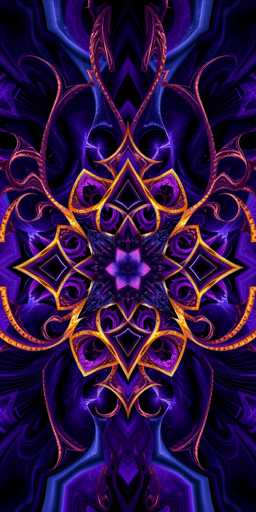 This image features a highly detailed, computer-generated design with a central focus on a symmetrical, star-like shape. The star is composed of multiple layers, starting with a small purple star at the core, surrounded by a larger blue star, and then encircled by a yellow star. The entire structure is adorned with intricate, gold, vine-like patterns that extend outward, creating a sense of movement and complexity. The background is a deep, dark purple with swirling patterns and hints of black, giving it a mystical and almost cosmic feel. The overall composition is vertical, with the star shape dominating the center and tapering off into the intricate patterns that fill the rest of the image. The design is rich in color, featuring shades of purple, blue, gold, and black, and appears to be a sophisticated piece of digital art.