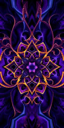 The image shows a digital art piece with a vibrant purple and blue color scheme. The design features a large flower-like shape at the center, surrounded by intricate patterns that create a sense of depth and complexity. The background is a solid gray color, providing a stark contrast to the colorful foreground.
