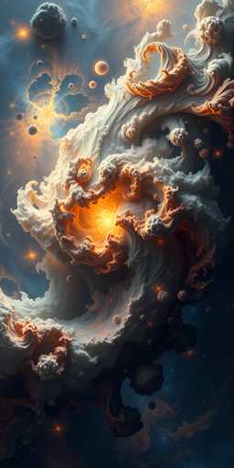 A cosmic nebula swirls with fiery orange and white clouds, illuminated by a bright central core. Distant planets and glowing dust particles drift in the deep blue space, creating an ethereal, dreamlike scene. The art style is highly detailed and painterly, with a focus on dramatic lighting and texture.