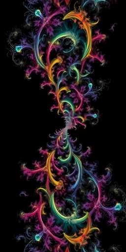 The image features a striking, computer-generated design set against a solid black background. Dominating the composition are vibrant, swirling patterns that resemble intricate, colorful vines or branches. These swirls, which are primarily in shades of pink, purple, blue, green, yellow, and orange, create a dynamic and almost hypnotic effect. The design is reminiscent of a plant or tree, with the swirls forming a central trunk that branches out into smaller offshoots, each adorned with delicate, hair-like tendrils. The intricate patterns and vivid colors contrast sharply with the dark background, making the image visually captivating and complex.