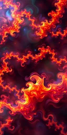 This image is a vibrant, abstract painting that evokes the fiery intensity of a volcanic eruption. The background is a deep, dark red, reminiscent of the molten core of a volcano. Dominating the scene are dynamic, flame-like shapes that weave through the composition, their colors transitioning from bright yellow at the base to vivid orange and deep red at the tips. These flames appear to be in constant motion, creating a sense of energy and chaos. 

Interspersed among the flames are swirling patterns of blue, purple, and green, adding depth and complexity to the background. These colors blend seamlessly, creating a dreamlike, almost cosmic atmosphere. The interplay of these hues against the dark red backdrop enhances the fiery elements, making them pop with intensity.

The overall effect is a mesmerizing, almost hypnotic visual experience that captures the raw power and beauty of volcanic activity, while also hinting at a celestial or otherworldly quality.