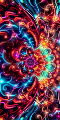 This vibrant and intricate piece of digital art features a mesmerizing kaleidoscope of colors and patterns. At the heart of the composition lies a striking purple circle, reminiscent of a flower's center, radiating outwards with a gradient of colors. The innermost part of the circle is a deep purple, transitioning to a lighter purple, then to a vivid pink, and finally to a bright yellow at the outermost edge. Surrounding this central motif are swirling patterns in shades of blue, red, orange, and yellow, creating a dynamic sense of movement. The background is a deep black, which enhances the vividness of the colors and adds depth to the image. The overall effect is a captivating blend of abstract shapes and flowing lines, making it a stunning example of modern digital art.