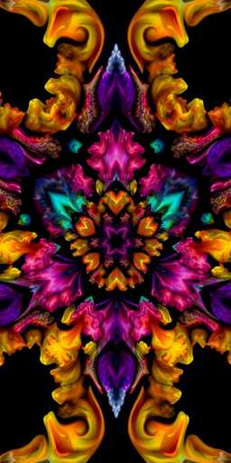 This image features a vibrant, psychedelic design set against a black background. At the center, there is a star-like shape with a dark purple core and a lighter purple outline. Surrounding this central star are heart-shaped elements in shades of orange, yellow, and red, creating a dynamic and colorful pattern. The design radiates outward with intricate, flame-like or smoke-like patterns in hues of orange, yellow, and red, interspersed with purple and blue accents. The overall effect is reminiscent of a kaleidoscope, with the colors and shapes blending seamlessly into one another, creating a mesmerizing and trippy visual experience.