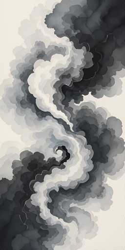 The image depicts a detailed black and white drawing of smoke rising from the bottom left corner. The smoke starts as a dark gray, almost black color, and gradually transitions to lighter shades of gray as it ascends. The smoke forms intricate, swirling patterns that resemble the shape of a snake or a river, with the white smoke intermingling with the darker hues. The background is a light gray, providing a stark contrast to the smoke. The drawing is rectangular, with the height being twice the width, and the smoke fills the entire image, creating a dynamic and visually captivating scene.