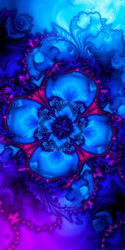 The image shows a digital art piece with a vibrant blue background featuring a large flower design composed of smaller flowers and leaves. The flower is the central focus of the artwork, surrounded by an array of colors including shades of purple, pink, and green. The composition is symmetrical, with the center of the flower being mirrored on either side of the image.