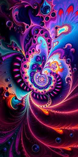 This vibrant, abstract artwork showcases a swirling, kaleidoscopic design dominated by intense, psychedelic colors – deep purples, electric blues, fiery oranges, and vibrant pinks. The central focus is a complex, spiraling form with intricate, fractal-like patterns and glowing, bubble-like elements. The composition is highly dynamic, with flowing lines and organic shapes creating a sense of motion and depth. The art style is distinctly digital and highly detailed, emphasizing intricate textures and a dreamlike, otherworldly aesthetic.