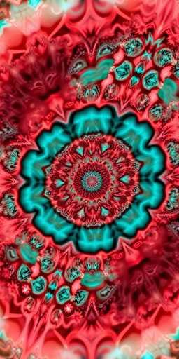 This image features a mesmerizing kaleidoscope pattern, characterized by its intricate and symmetrical design. At the center, a circular motif radiates outward, with each successive layer becoming more complex and vibrant. The color palette is dominated by shades of red, pink, and green, creating a striking visual contrast. The outer edges of the pattern are blurred, adding a sense of depth and movement to the overall composition. The design is highly detailed, with numerous small shapes and patterns interwoven throughout, making it a captivating and visually engaging piece.