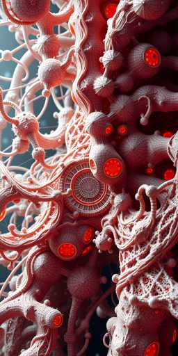 The image depicts a highly detailed, computer-generated 3D model of a complex, organic structure that resembles a network of interconnected neurons or cells. The model is predominantly pink and red, with intricate, web-like patterns and a scaly texture covering its surface. Central to the image is a large circular structure, reminiscent of a clock, with numerous smaller circles and lines radiating outward. These circles contain glowing red dots, adding to the intricate and somewhat alien appearance of the model. The overall composition is dense and complex, with various elements intertwining and creating a visually striking, almost otherworldly scene.