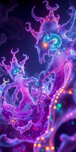 The image shows an abstract painting with a purple and blue color scheme. The painting features two creatures - one on the left side is a large, intricate creature with multiple arms and legs, while the other creature on the right side has a more simple design with only a few limbs. The background of the painting is dark and filled with various shapes and lines that create an overall sense of chaos and disorder.