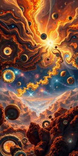 This captivating digital artwork, reminiscent of a science fiction poster, portrays a surreal and fantastical scene. Dominated by warm hues of orange, yellow, and brown, the image features a striking sun at its center, radiating intense light. Surrounding the sun are numerous circular objects, some resembling planets or bubbles, with intricate designs and vibrant colors. These circles vary in appearance, with some displaying fiery, flame-like textures while others have a more solid, rock-like structure. The backdrop is a mesmerizing blend of a starry sky and a mountainous landscape, with the mountains glowing in shades of orange and brown. The entire composition is set against a dark blue sky, enhancing the vivid colors and otherworldly atmosphere of the scene.