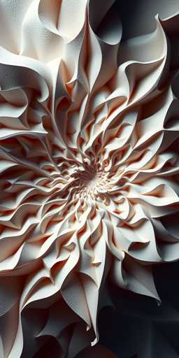 The image depicts a highly detailed, computer-generated 3D rendering of a flower-like structure, possibly resembling a rose. The flower is predominantly white with subtle hints of pink and orange, and it features numerous petals that radiate outward from a central point. The petals are intricately layered, creating a complex and textured appearance. The background is a dark gray, almost black, which accentuates the flower's delicate features and adds depth to the overall composition. The image is vertically oriented, with the flower occupying most of the frame, and the bottom right corner is particularly dark, enhancing the contrast and focus on the flower's structure.