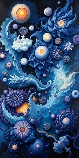 The image is a detailed, computer-generated artwork set against a black background, depicting a fantastical underwater scene. The scene is dominated by various shades of blue, ranging from light to dark, with intricate, wavy patterns that resemble ocean waves. At the top of the image, there is a prominent, glowing orange circle that appears to be a sun or moon, casting light over the scene below. Surrounding this central light source are numerous circular shapes, some resembling bubbles, planets, or flowers, with a mix of blue and white hues. These shapes vary in size and form, with some appearing as flower petals or star-like patterns. The overall composition creates a mesmerizing, otherworldly atmosphere that blends elements of marine life with abstract, cosmic imagery.