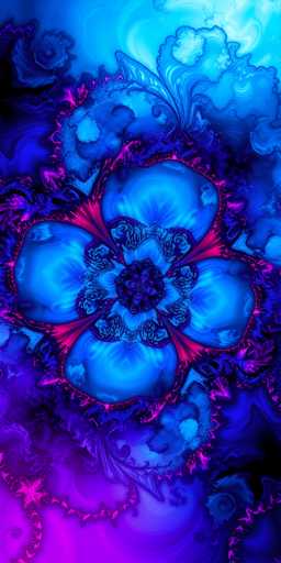 The image is a vibrant, abstract fractal artwork of a flower. The main subject is a highly detailed, swirling, blue and purple flower with pink accents, exhibiting a digital, psychedelic aesthetic. The central focus is on the intricate, spiraling petals and the overall organic yet digital texture. The composition is a close-up, emphasizing the flower's depth and complexity. The art style is distinctly digital fractal art, characterized by its intricate patterns, vibrant color palette, and non-representational forms.