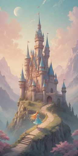 This detailed illustration depicts a grand, fantasy castle perched atop a rocky hill, surrounded by majestic mountains. The castle, rendered in shades of gray and beige, features numerous spires and turrets, each adorned with fluttering flags. A winding stone path, flanked by lush green grass, leads up to the castle's entrance, where a young girl with long, flowing blonde hair walks. She is dressed in a blue dress and red shoes, her back turned towards the viewer as she approaches the castle. The scene is set under a blue sky dotted with pink clouds, with a large moon visible in the upper left corner. Pink trees and bushes dot the landscape, adding to the enchanting atmosphere. The overall composition evokes a sense of wonder and adventure, reminiscent of a fairy tale or a scene from a children's storybook.