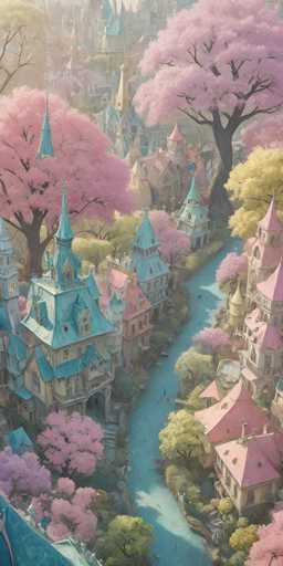 The image depicts a fantastical, pastel-toned cityscape nestled amidst blooming cherry blossom trees. Buildings with whimsical, fairytale architecture dominate the scene, clustered along a winding blue river. The overall style is painterly and dreamlike, with soft lighting and an emphasis on delicate color palettes. The composition showcases a high-angle view, emphasizing the intricate details of the buildings and the serene flow of the river.