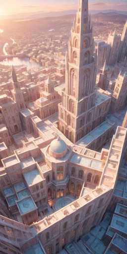The image depicts a highly detailed, computer-generated cityscape with a distinct pinkish hue. Dominating the scene is a grand cathedral-like structure with a prominent dome, situated at the center of the city. This central building features a large courtyard and is surrounded by numerous smaller buildings, creating a dense urban environment. The city's architecture includes a mix of boxy and pointed structures, with some buildings adorned with blue roofs. In the background, a river meanders through the city, leading to a bridge and extending towards a distant mountain range. The sky above is a blend of blue and pink hues, adding to the surreal and artistic quality of the image. The overall composition suggests a futuristic or fantastical setting, with intricate details that make the city appear almost otherworldly.