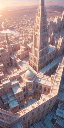 The image presents an aerial view of a cityscape with a large white tower dominating the center. The tower is part of a larger complex that includes several smaller buildings surrounding it. The sky above the city appears hazy and orange, suggesting either sunrise or sunset.