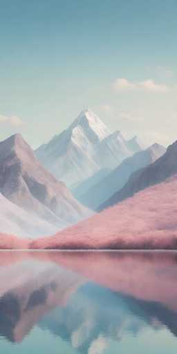 The image depicts a serene, dreamlike landscape with soft, pastel-toned mountains and a calm lake. The main subjects are the rolling mountain ranges, with pinkish-purple slopes reflecting in the still water. The mountains recede into the distance, creating a sense of depth. The art style is painterly and ethereal, with a focus on soft gradients and gentle lighting, evoking a tranquil, almost otherworldly atmosphere.