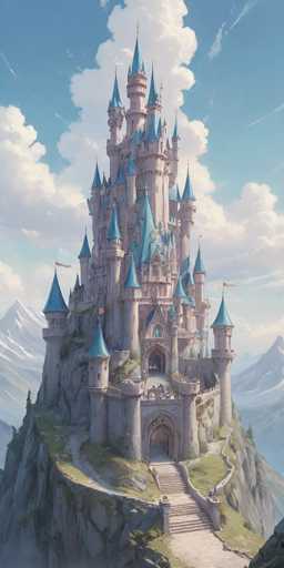 The image depicts a grand, fantasy castle perched atop a steep, rocky mountain. The castle, constructed from gray stone, features numerous spires and towers, each adorned with a light blue roof. The central structure is the tallest, with a prominent spire topped by a golden rod. Surrounding this main tower are several smaller towers, each with its own blue roof, creating a tiered effect. The castle's facade is punctuated by numerous windows, and a grand, arched entranceway at the base leads to a stone staircase. This staircase ascends to a platform before continuing up to the castle's main entrance. The scene is set against a backdrop of a blue sky dotted with white clouds, with snow-capped mountains visible in the distance. The overall impression is one of a majestic, fairy-tale castle rising dramatically from the rugged landscape.