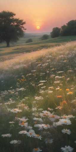 This image captures a serene, picturesque field of flowers and grasses, bathed in the soft light of either sunrise or sunset. The foreground is dominated by a vibrant array of white flowers with yellow centers, interspersed with tall grasses and occasional orange blooms. The field stretches out into the distance, where it gently slopes and transitions into a more muted, yellowish hue. 

In the background, a line of trees frames the scene, with a particularly large tree on the left side and smaller trees scattered to the right. The sky above is a breathtaking gradient of colors, starting with a deep red near the horizon, transitioning to orange, and finally fading into a light yellow at the top. The sun, a bright yellow orb, is positioned just above the horizon, casting a warm glow over the entire landscape. The overall effect is a tranquil and beautiful scene, with no people or text to distract from its natural beauty.
