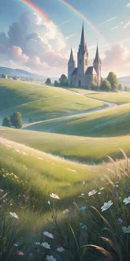 This detailed painting depicts a serene countryside scene dominated by a grand, medieval-style cathedral with three towering spires. The cathedral, rendered in shades of gray and white, stands majestically atop a hill, accessible by a winding road that meanders through the lush, green landscape. The foreground is adorned with vibrant wildflowers in hues of white, blue, yellow, and purple, interspersed with tall grasses and wheat-like plants. The rolling hills in the background are dotted with trees, adding to the pastoral charm. Above, the sky is a brilliant blue, filled with large, fluffy white clouds, and a striking rainbow arches across the scene, adding a touch of magic to the tranquil setting. The overall composition exudes a sense of peace and timeless beauty, capturing the essence of a picturesque countryside.